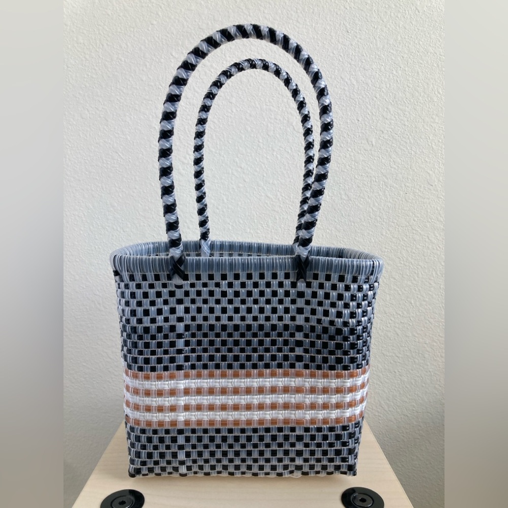 Striped Woven Plastic Market Tote Purse Black Latte White Clear Small Bag